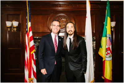 Los Angeles Mayor Eric Garcetti and DJ Steve Aoki.