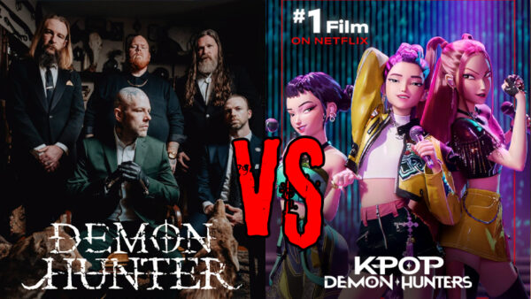 Split image showing Demon Hunter band photo on the left versus KPop Demon Hunters Netflix animated film promotional image on the right, with a VS graphic in the center, illustrating the 2026 federal trademark lawsuit