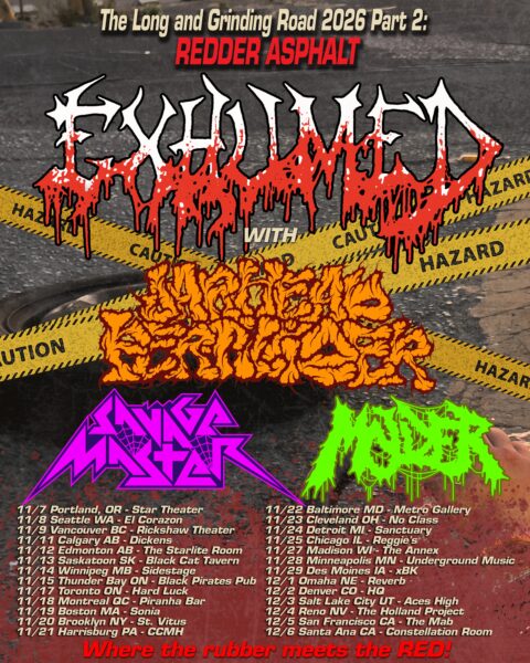 Exhumed The Redder Asphalt North American Tour 2026 poster featuring Jarhead Fertilizer, Savage Master, and Molder, with full date list, November through December 2026