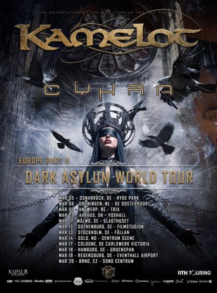  Kamelot Dark Asylum Europe Part II tour 2027 poster featuring Cyhra with full date list March 2027
