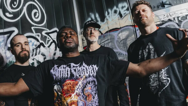 Leng Tch'e band photo by Serch Carriere featuring Serge Kasongo, Jan Hallaert, Olivier Coppens, and Nicolas Malfeyt, Belgian razorgrind, Season of Mist, 2026 cropped